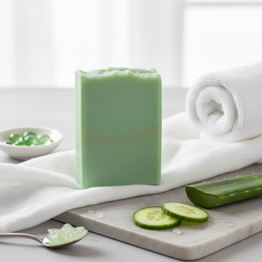 Cucumber Aloe Cold Process Soap in fresh, spa-like setting