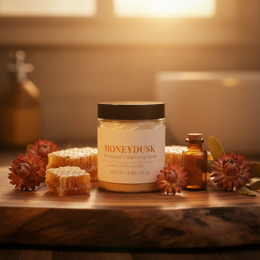Honeydusk Whipped Cleansing Soap in warm, inviting setting