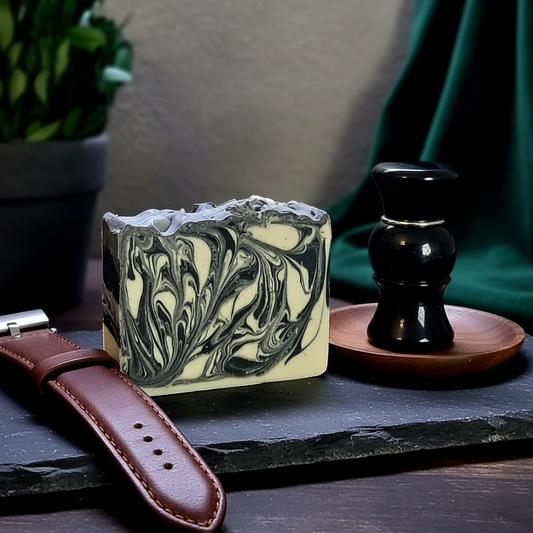 Obsidian Leather Cold Process Soap in bold, masculine setting