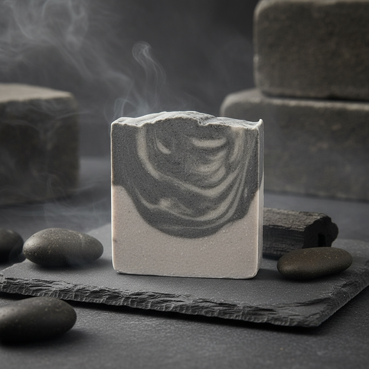 Smoke & Stone Cold Process Soap in earthy, atmospheric setting