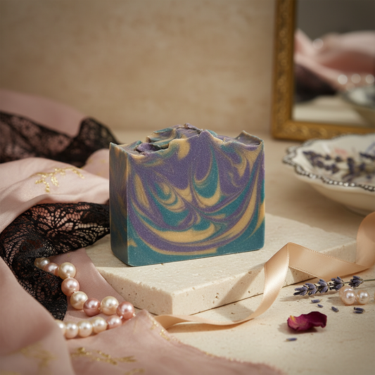 Soft Masquerade Cold Process Soap in romantic, enchanting setting