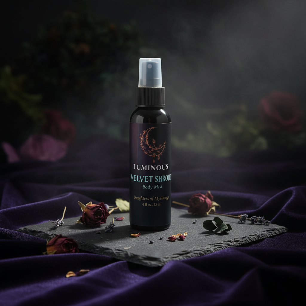Velvet Shroud Body Mist in elegant, mysterious setting