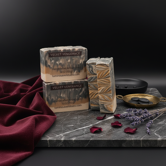 Velvet Vengeance Cold Process Soap in dramatic, elegant setting