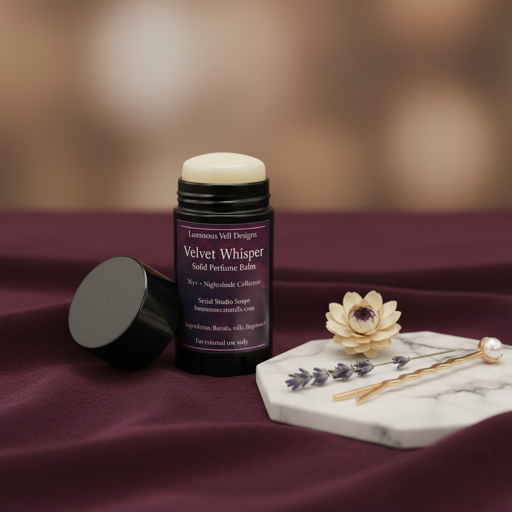 Velvet Whisper Solid Perfume Balm in elegant setting